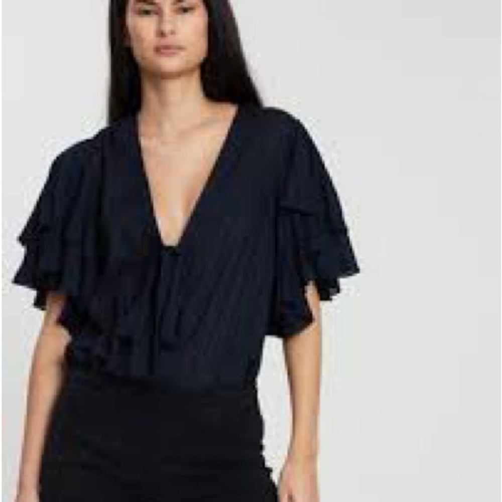Free People Call Me Later Black Ruffle Sleeve Bodysuit Blouse Size XS